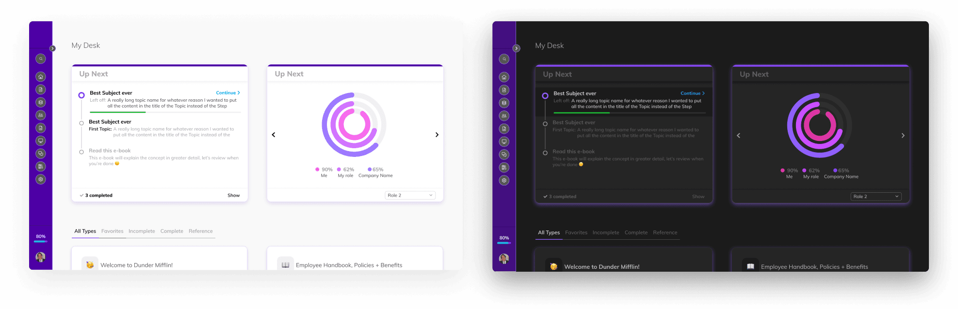 Two renderings of the same My Desk 2.0 page in different themes. Left: the default light theme with neutral surfaces and the Trainual purple accent. Right: a neon theme with deep purple/black surfaces, vibrant magenta and electric-purple data visualization, and the same component layout