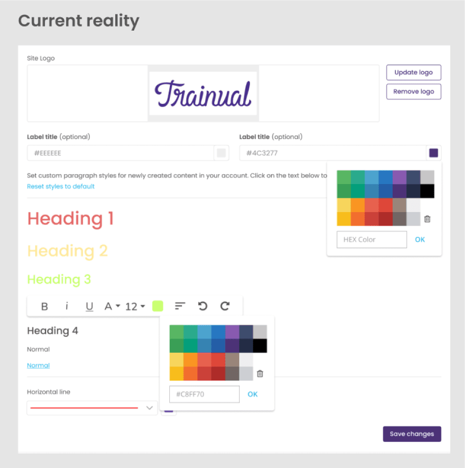 The Trainual brand-styles configuration page in production — sample headings rendered in red, yellow, and green from a customer-chosen palette, sitting alongside the color-picker grid