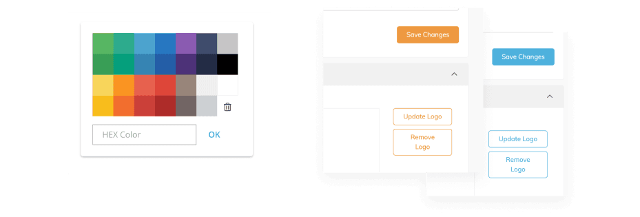 Screenshot of the legacy Trainual brand-style picker — a swatch grid that fans out into a freeform HEX input field, letting customers type in any color regardless of contrast