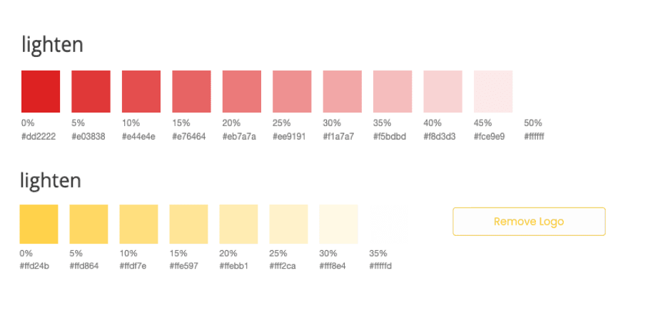 Color comparison strip showing the same lighten(color, 45%) operation applied to a saturated mid-tone, a light pastel, and a dark navy — the mid-tone produces a usable button background, the pastel washes out to near-white, and the navy stays unreadably dark