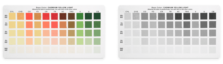 A grid of hand-painted oil color swatches — the same hue mixed with progressively more white, balanced across a value scale so every column reads at the same brightness regardless of hue
