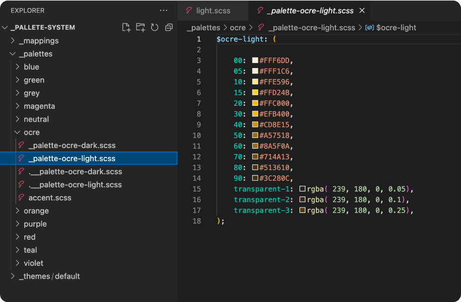 SCSS source files showing the partial structure — separate _palette files for each hue (red, orange, blue, etc.) plus theme partials that import and compose them through a central theme map
