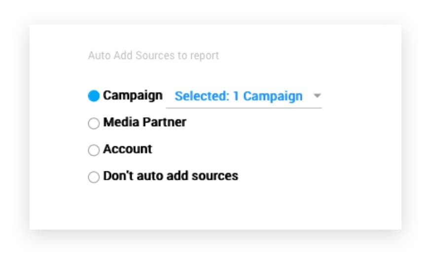 The original Auto-add feature — a separate set of toggles per campaign, media partner, and account, with no clear relationship to the filter or report-source flow