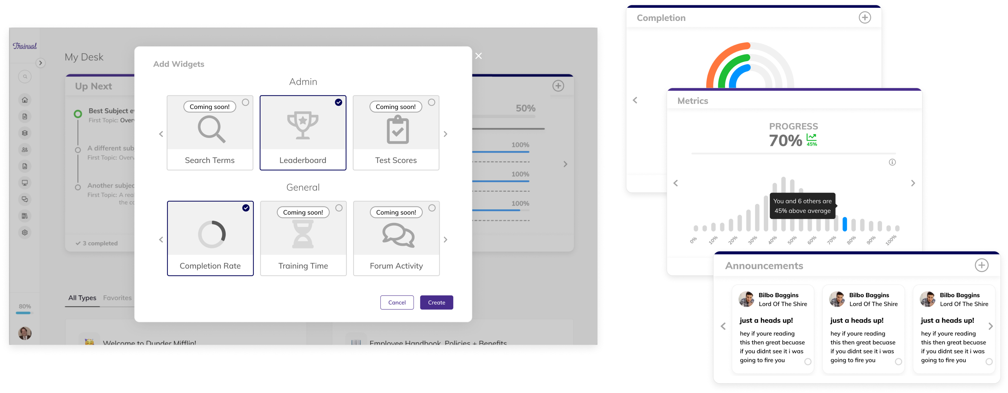 The shipped Add Widgets picker modal — Admin category with Search Terms, Leaderboard (Coming soon!), and Test Scores. General category with Completion Rate, Training Time (Coming soon!), and Forum Activity (Coming soon!). Three preview widgets on the right showing Completion, Metrics, and Announcements