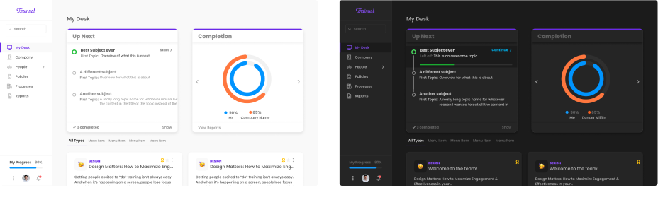 The default Trainual theme rendered in light and dark — purple primary affordances, neutral surfaces, WCAG-compliant contrast across both modes
