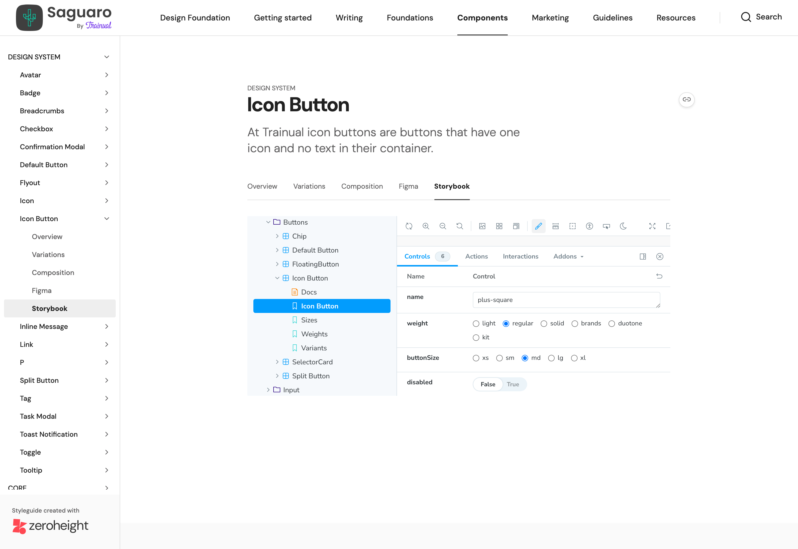 Icon Button Storybook tab on saguaro.trainual.com — the live React component embedded inside Zeroheight with Controls panel showing name, weight, buttonSize, and disabled props live-editable