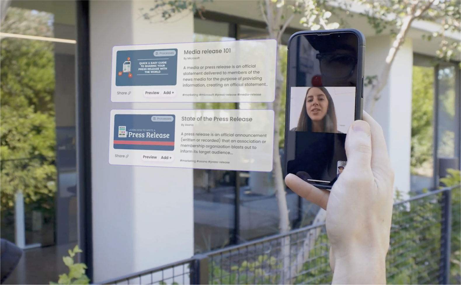 AR/VR vision frame — a Trainual community marketplace rendered as translucent content cards arranged in a depth-staged spatial layout